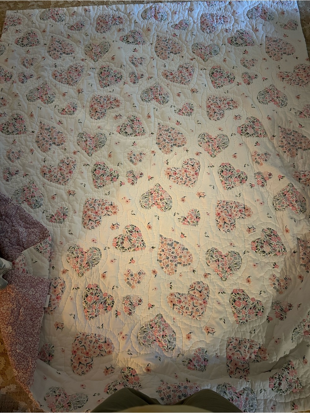Pottery Barn Kids Cream Quilt with Pink Floral Hearts